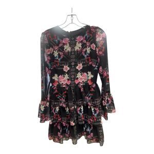 Bebe Black and Pink Floral Bell Sleeve Clara Dress Womens Size XS